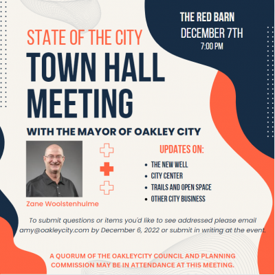 Town Hall Meeting with Mayor Woolstenhulme December 7th 2022 at 7:00 PM located at the Red Barn